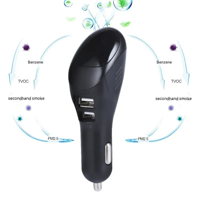 White car USB charger with integrated negative ion air purifier showing compact design