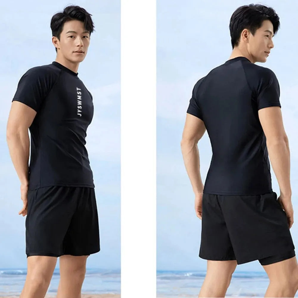 Men's patterned swimming trunks set with top and pants in polyester fabric