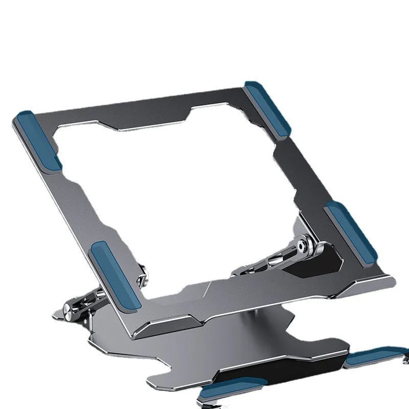 Grey aluminium adjustable laptop stand folded and unfolded on a wooden desk