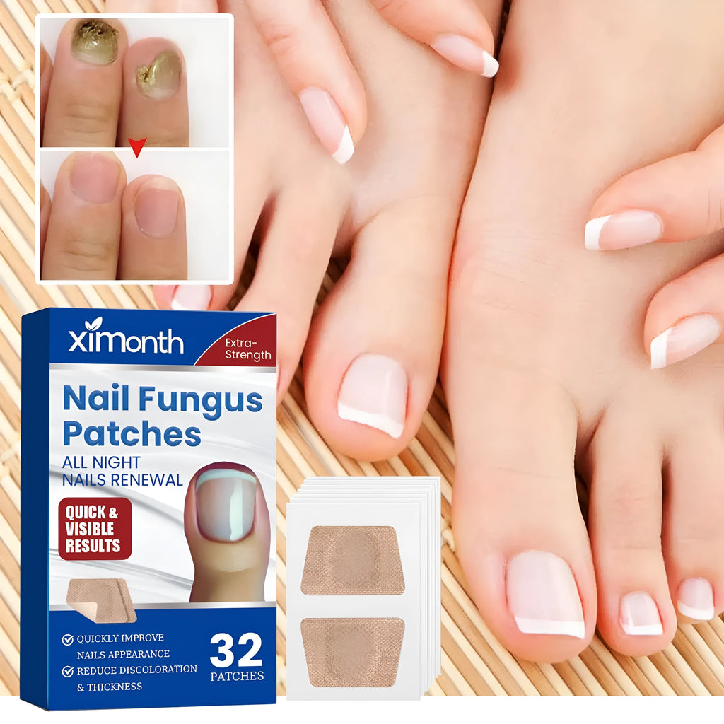 Box of 32 nail repair adhesive bandages, each patch measuring 6.1 by 3.5 centimetres.