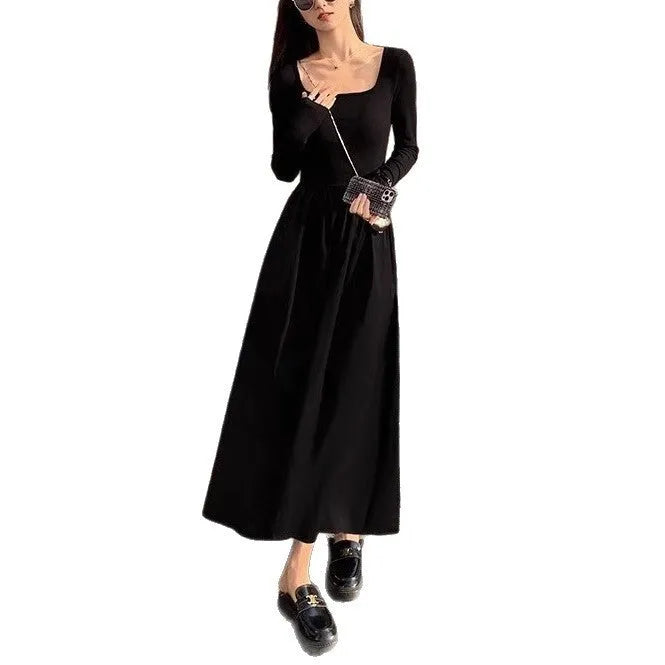 Black square collar knitted A-line dress with elastic waist and long sleeves