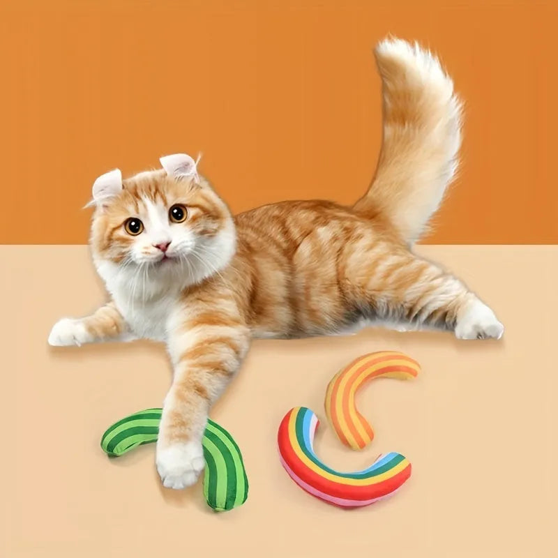 Striped pattern cat pillow toy with noise features and catnip strip in green colour