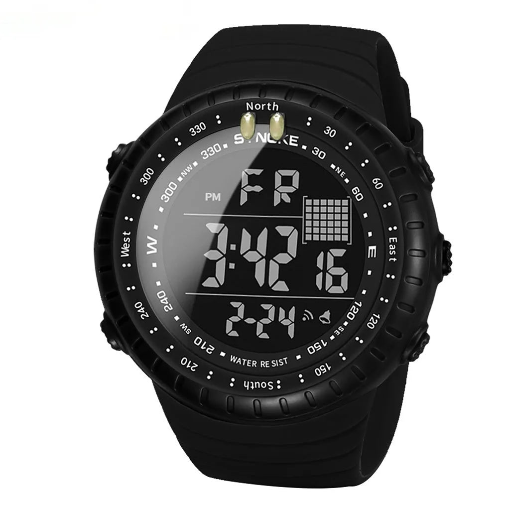 Black men's waterproof outdoor electronic watch with large 54.74mm dial and adjustable PU leather strap