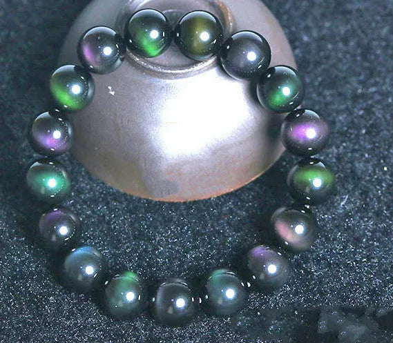 Rainbow eye obsidian bracelet with green, purple and gold colour eye beads in 8mm to 20mm sizes