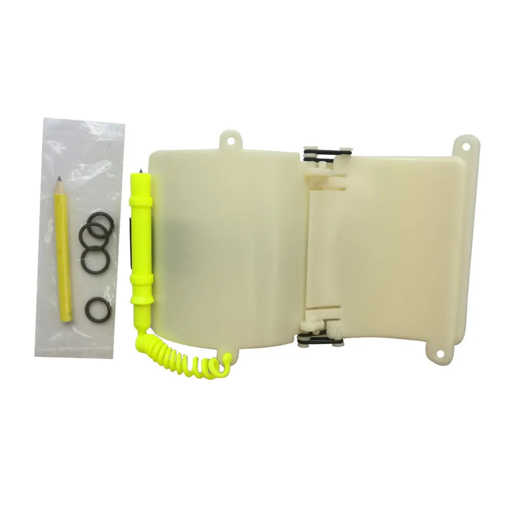 White luminous underwater writing wristboard for diving with pencil and o-ring.