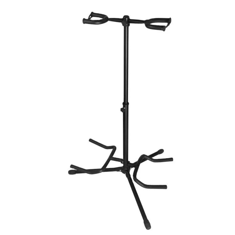 Vertical black iron guitar stand with two adjustable heads for western string instruments