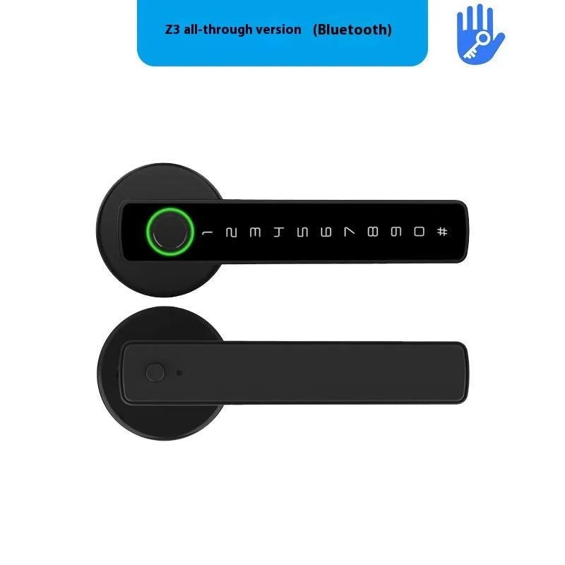 Black spherical smart door handle with fingerprint scanner and keypad for indoor wooden doors