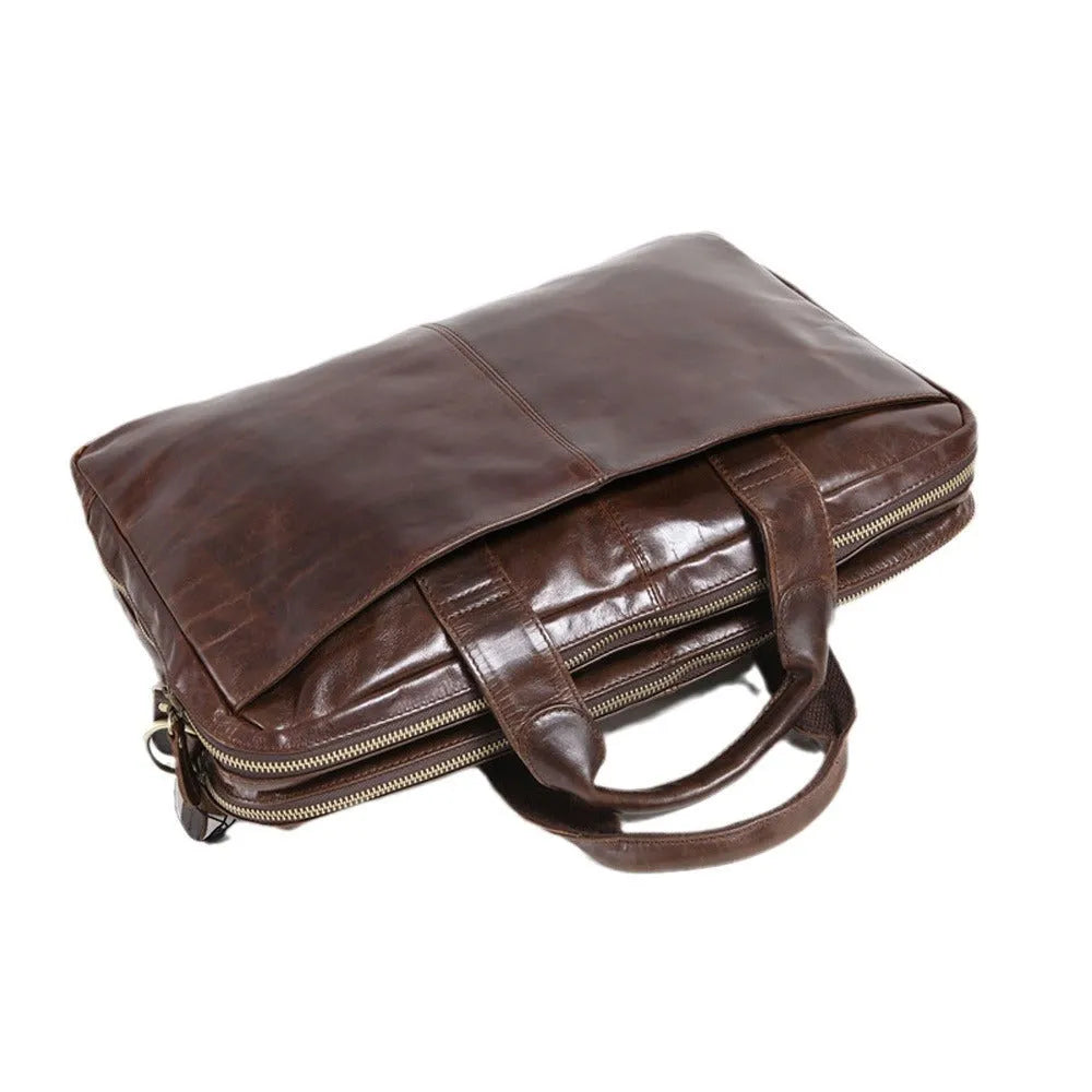 Brown first layer cowhide leather business briefcase, 18 inches in size.
