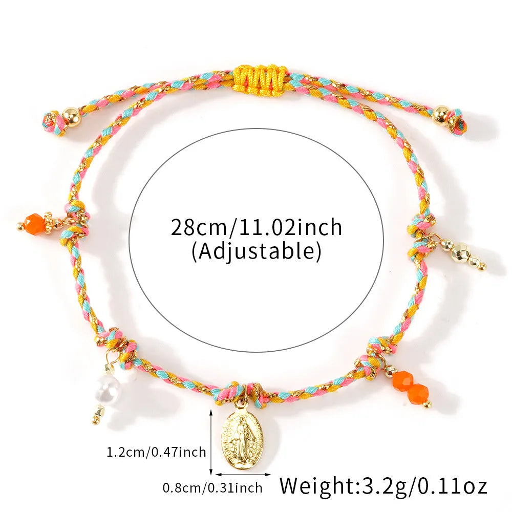 Colourful hand-woven ethnic bracelet for women with a carrying strap tag design.