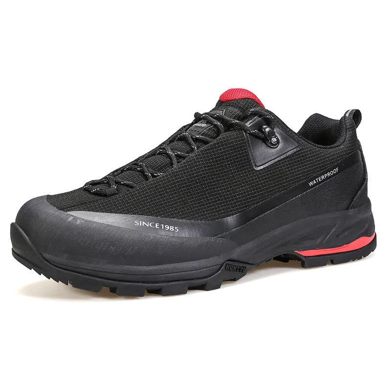 Low-top hiking boots in black with leather mesh upper, rubber outsole, and front lace-up design on a neutral background.