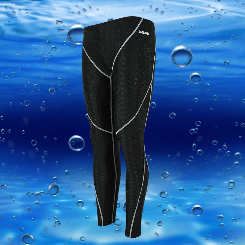 Men's black nylon cropped swimming trunks on a size chart showing M to XXXL.