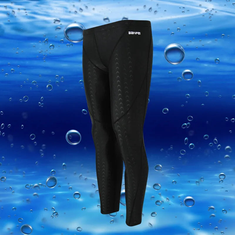 Men's black nylon cropped swimming trunks on a size chart showing M to XXXL.