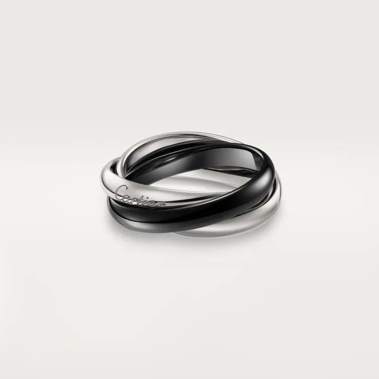 Silver geometric U-shaped couple rings with full diamond coverage in silver-black colour