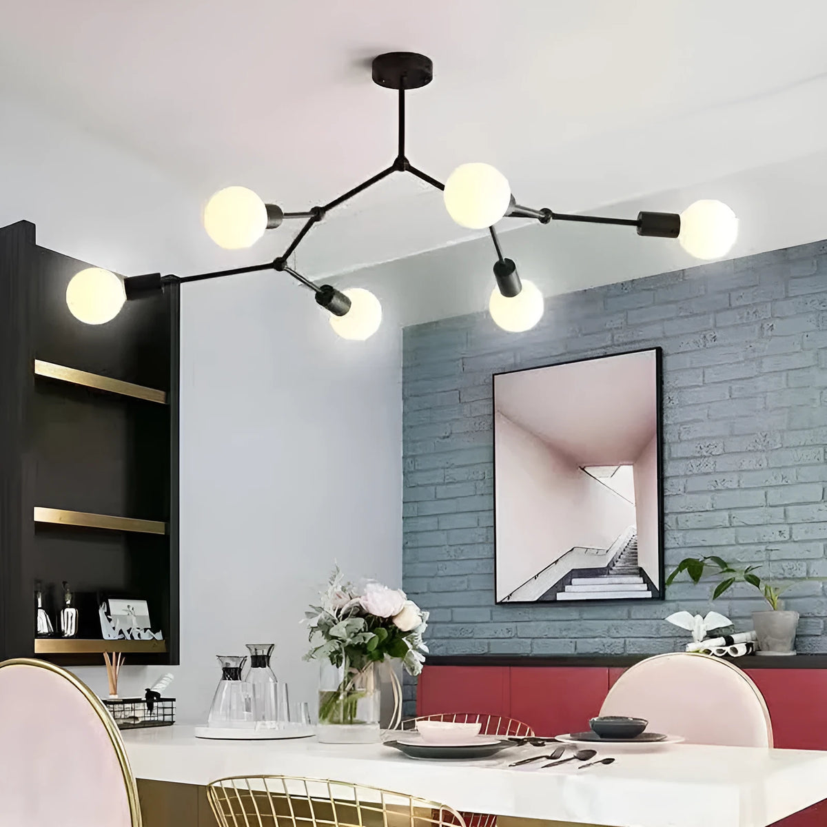 Nordic style iron ceiling chandelier with multiple head options in black or white finish