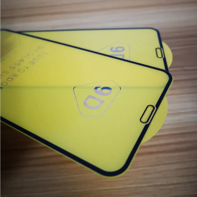 Black full screen glass tempered film protector for Xiaomi smartphones on a white background