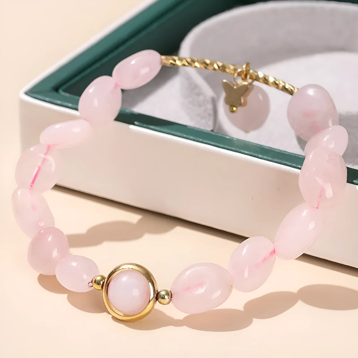 Cute crystal agate bracelet with natural stone transfer beads in fruit, bow, and animal shapes.