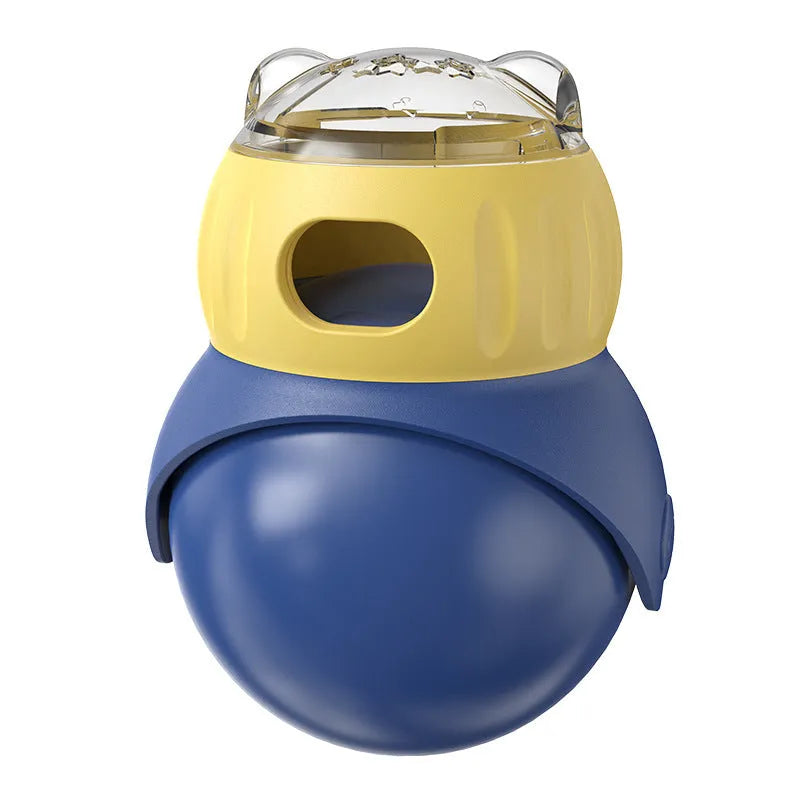 Owl-shaped plastic puzzle feeder for cats in Morandi yellow and blue colours