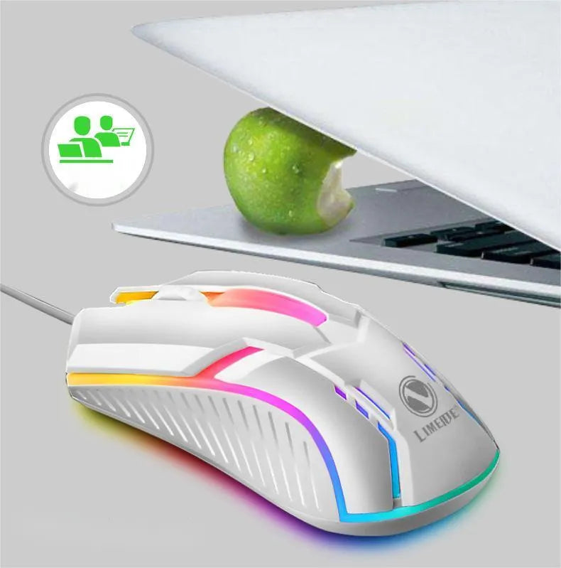 Wired USB gaming mouse with 1600dpi sensor, 3 buttons, 1.4m cable, and colourful breathing light, in black or white