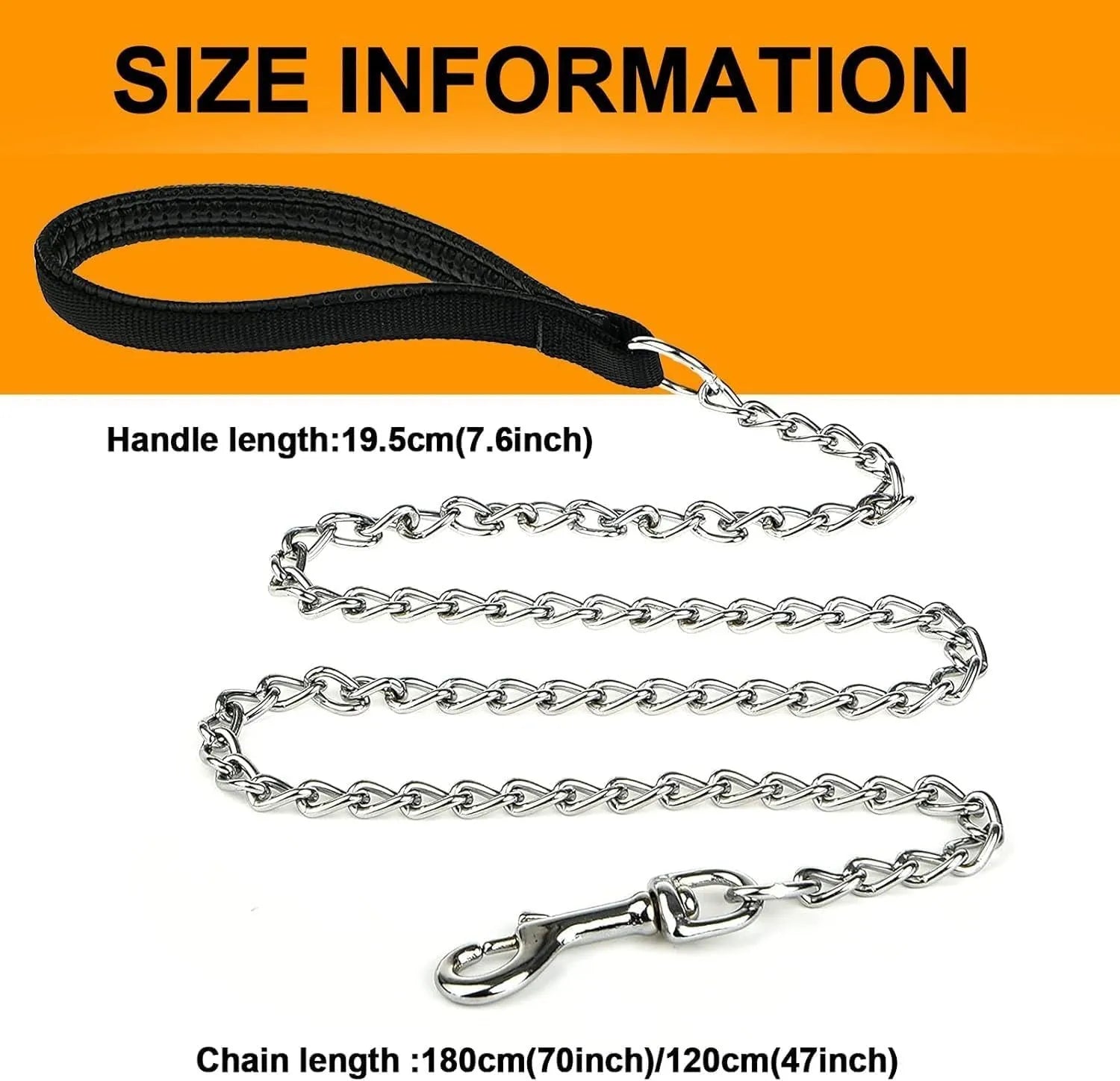Heavy duty metal dog chain leash with a soft black padded handle, shown in red.