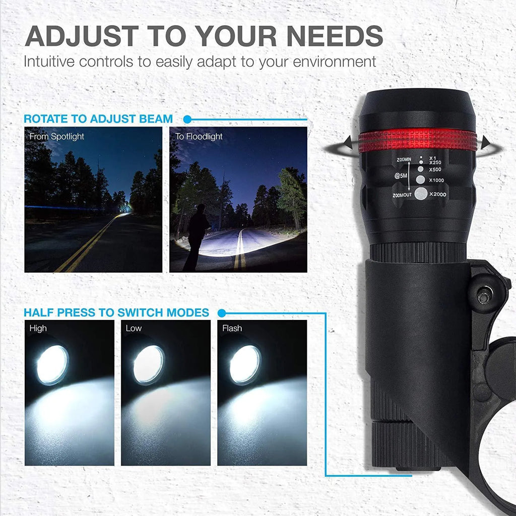 Bicycle headlight and red taillight set with a black mounting bracket on a white background.