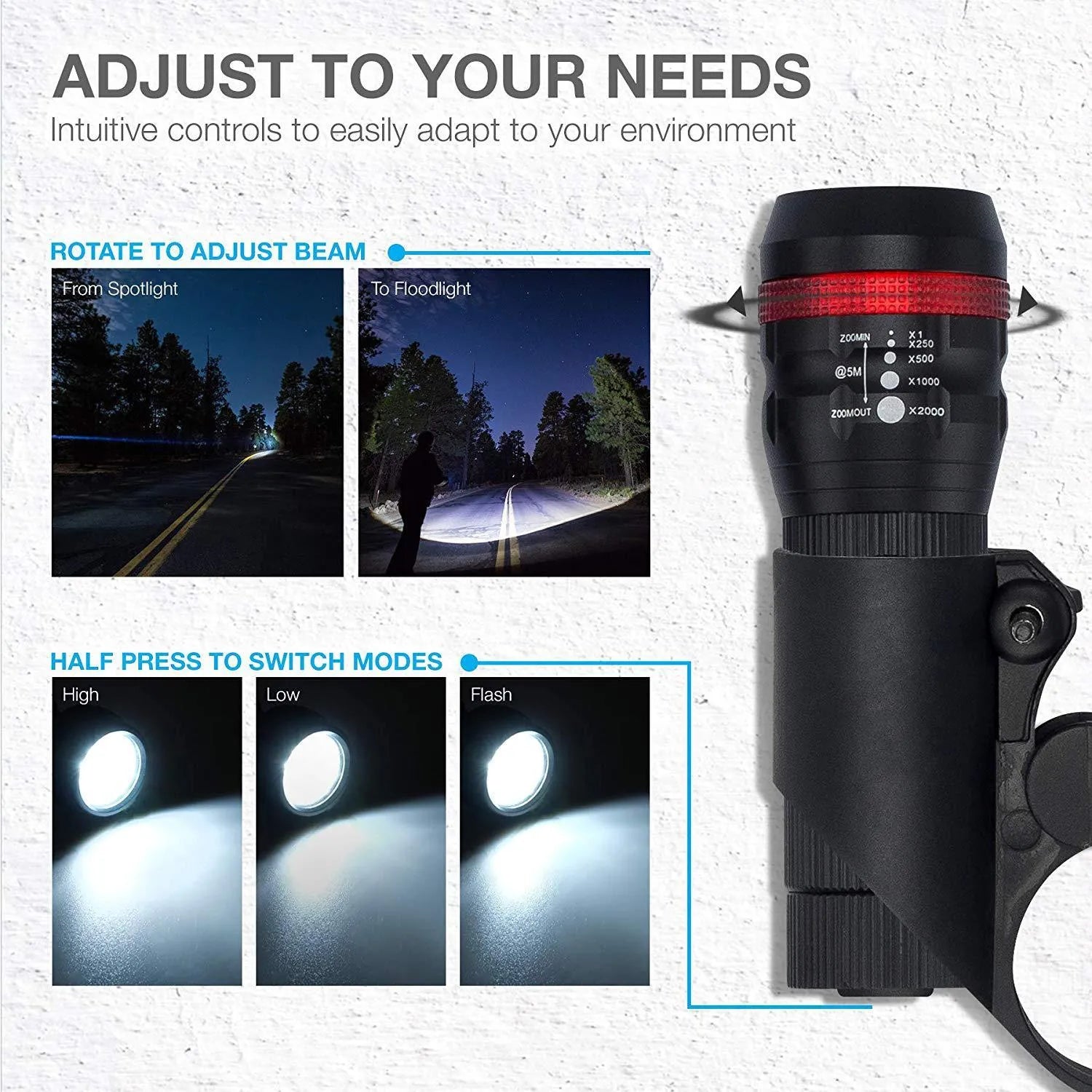 Bicycle headlight and red taillight set with a black mounting bracket on a white background.