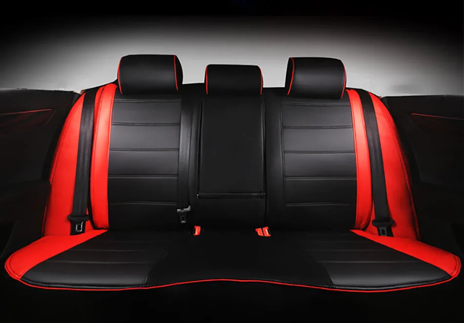 Cow leather car seat cover in beige or black with red line universal binding style