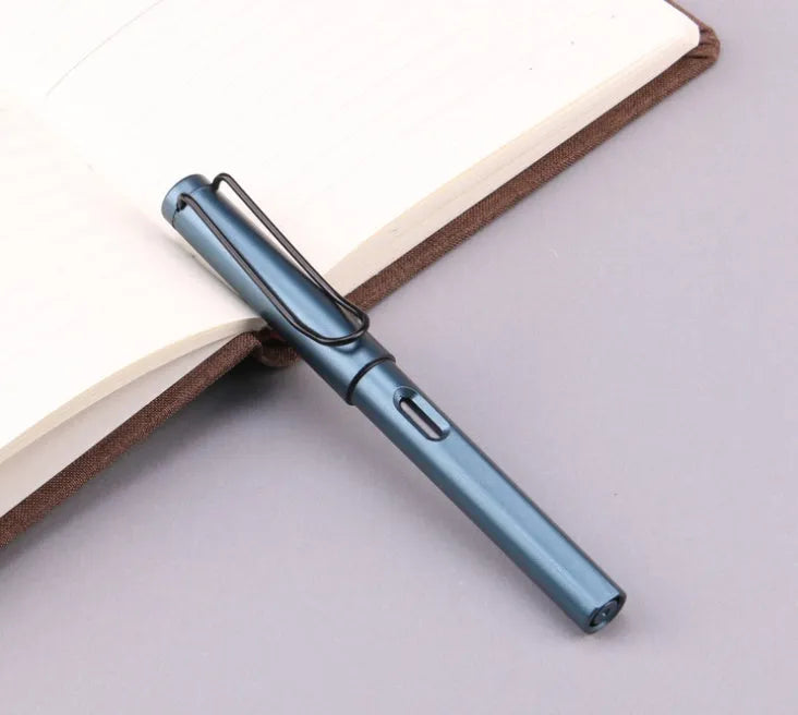 Black and blue fountain pens with frosted ink bag system showing 0.38mm and 0.5mm nib options