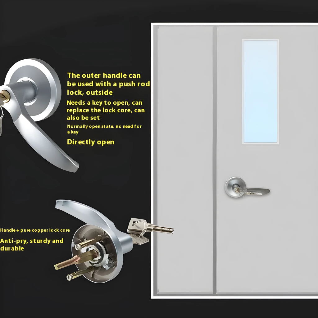 Stainless steel fire door push lock with an external handle on a 65cm wide door.