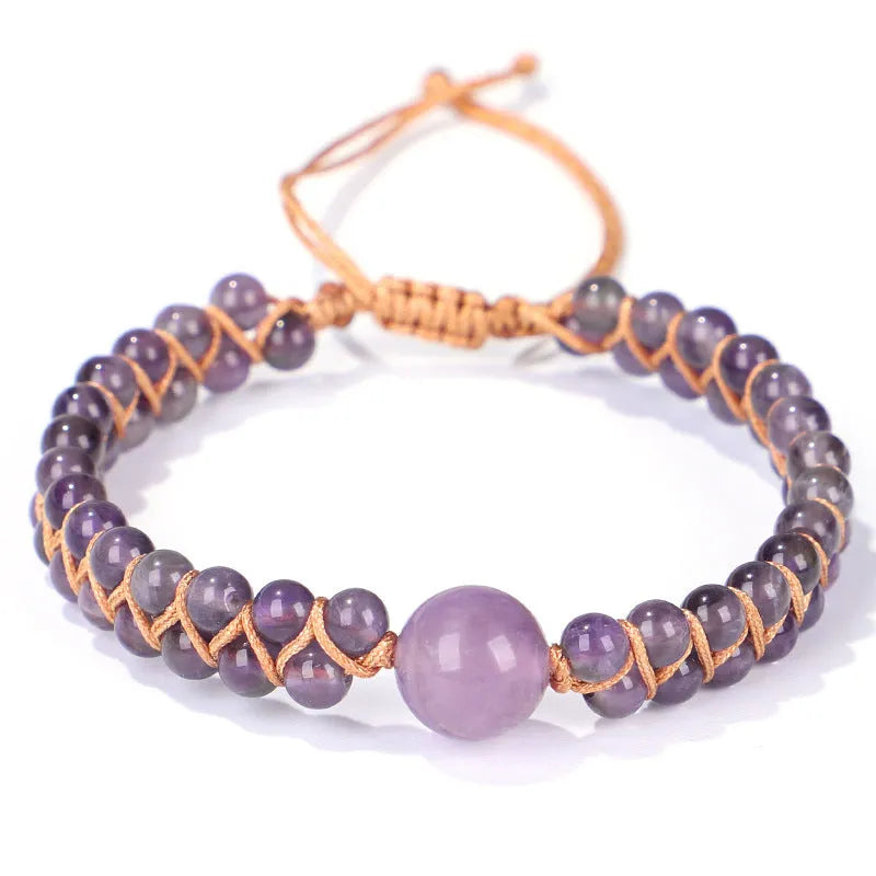 Handwoven geometric pull bracelet with blue tiger eye stone beads.