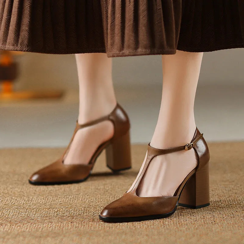Women's retro pointed toe Mary Jane shoes with buckle fastening in dark brown leather.