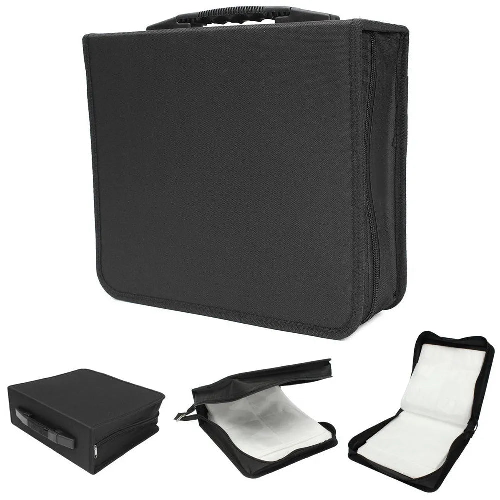 Black Oxford fabric CD DVD storage organiser binder bag with hand strap and zipper closure