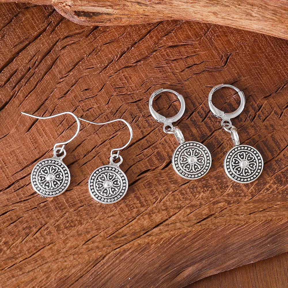 Geometric zinc alloy earrings with distressed ethnic prints in bohemian retro style