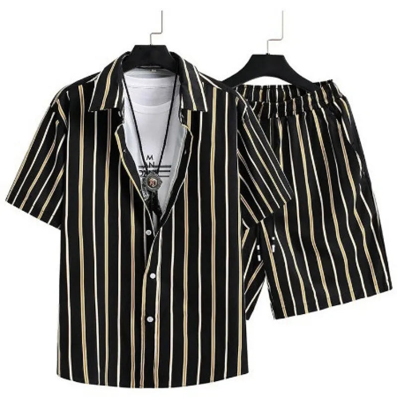 Men's casual cardigan suit set with digital printed short sleeve shirt and elastic shorts in polyester fabric