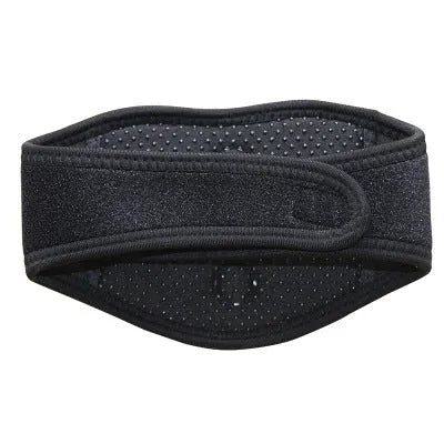 Black self-heating magnetic therapy neck guard with adjustable shoulder strap.