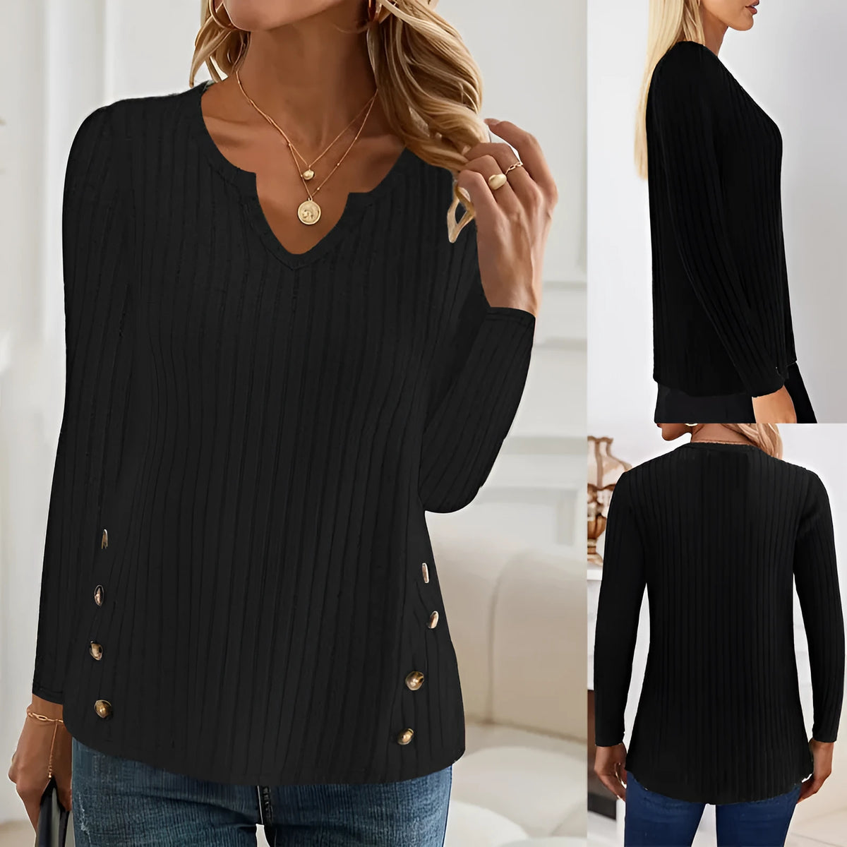 Casual solid colour button sweater in black or grey green with regular sleeves