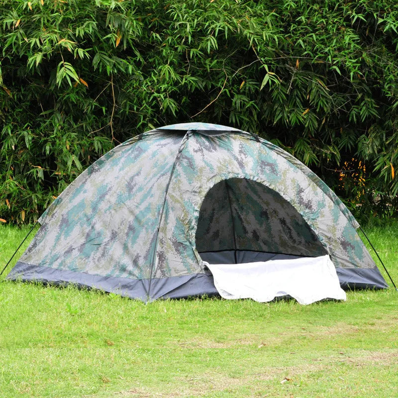 Green camouflage two-person camping tent with mesh windows and triangular skylight.