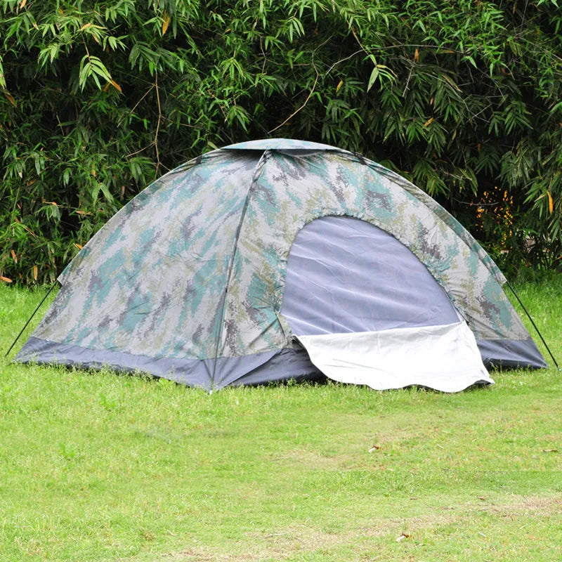 Green camouflage two-person camping tent with mesh windows and triangular skylight.
