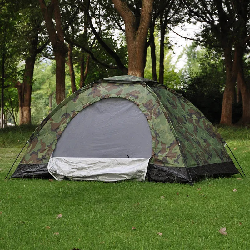 Green camouflage two-person camping tent with mesh windows and triangular skylight.