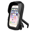 Black mobile phone stand with waterproof zipper mounted on a bicycle handlebar
