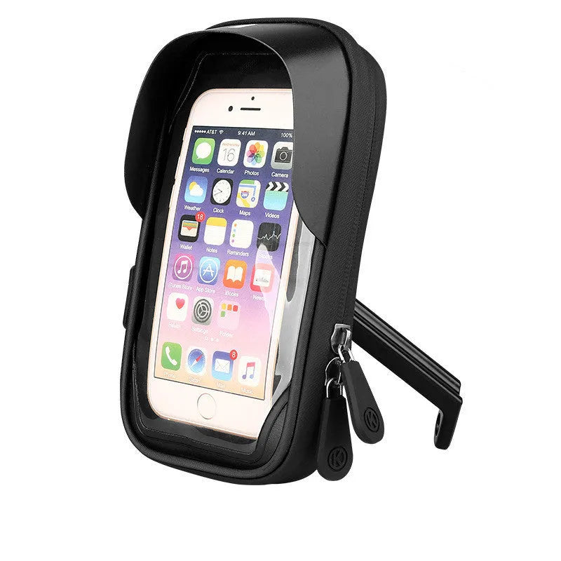 Black mobile phone stand with waterproof zipper mounted on a bicycle handlebar
