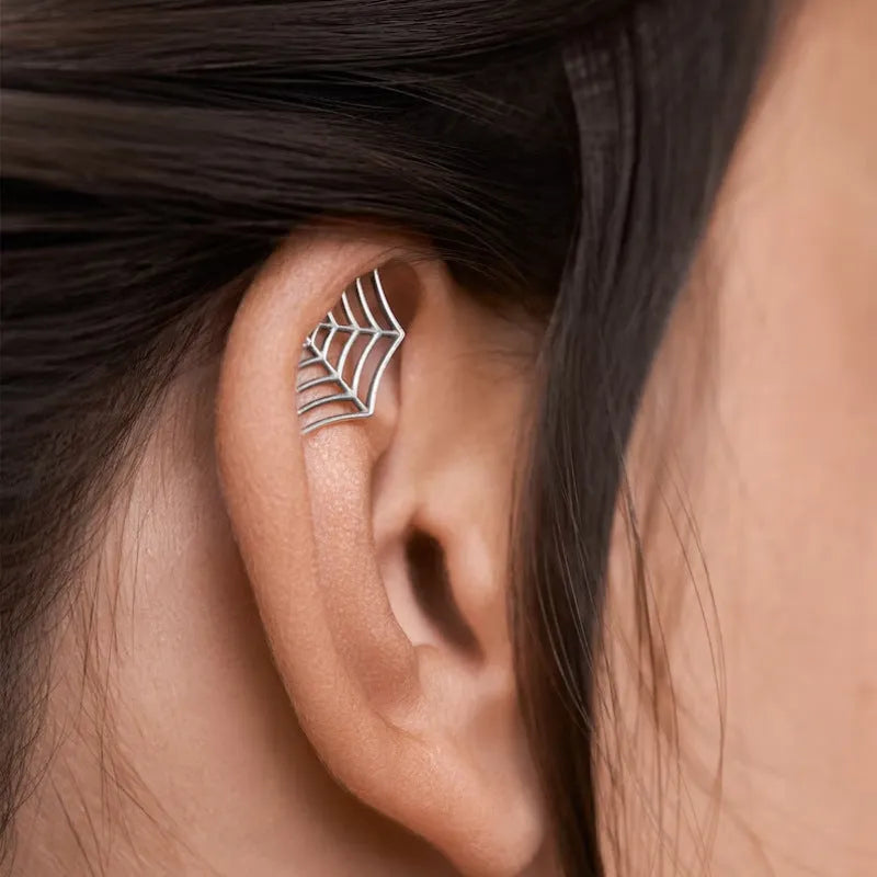 Spider web stud earrings with geometric mesh pattern in electroplated gold or silver finish
