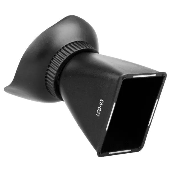 Black camera framing amplifier viewfinder attached to DSLR camera showing LCD screen magnification