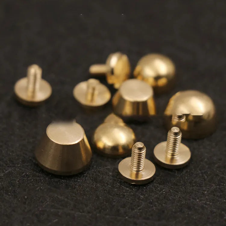 Brass decorative buckles in 10x6mm and 12x7mm sizes with round and geometric foot nail designs