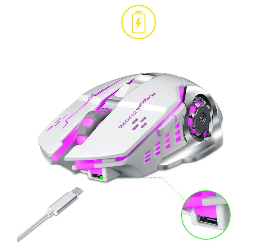 Black and white wireless mouse with wireless charging and quiet click buttons