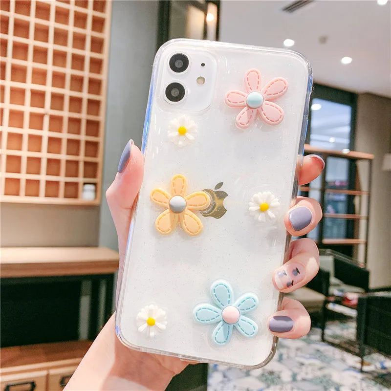 Soft rubber iPhone case with New Year's flowers decorative pattern showing front and back views
