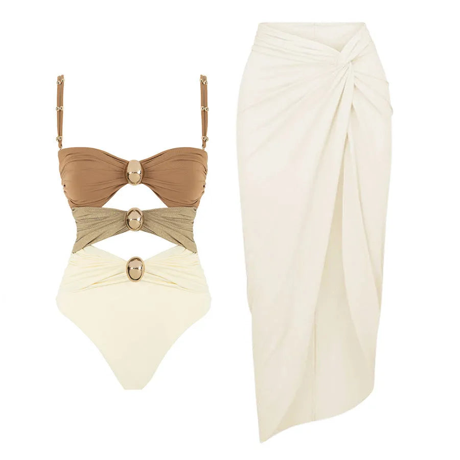 Women's one-piece swimsuit with detachable skirt and gold button decoration in solid colour