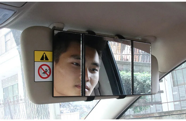 Silver car folding makeup mirror shown open and closed on a car visor
