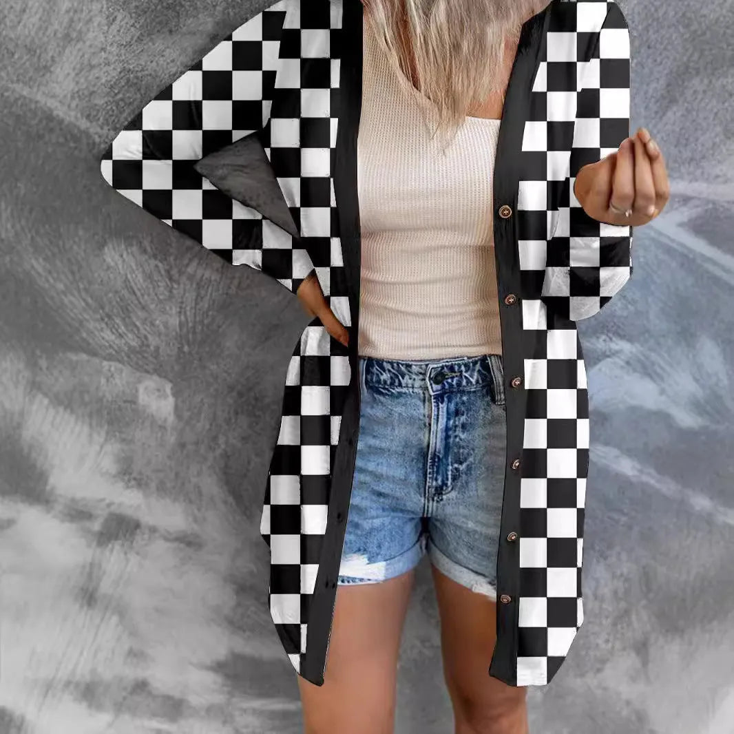 Women's long plaid contrast colour knitted cardigan coat in loose fit street fashion style
