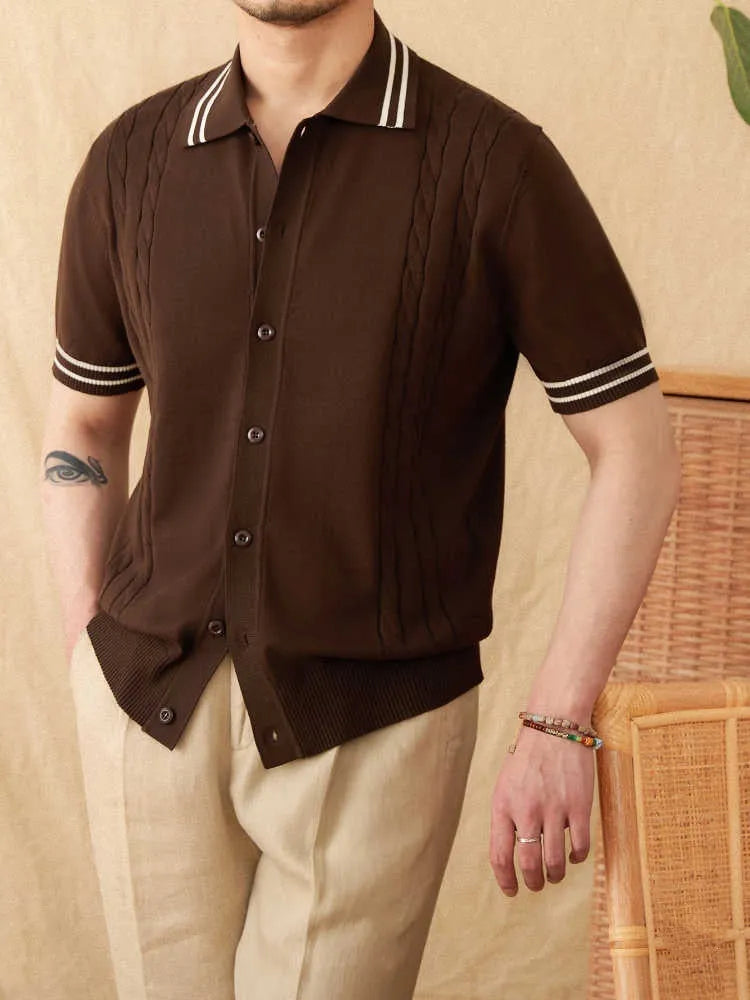 Cotton knitted short-sleeved lapel polo shirt in apricot colour showing collar detail