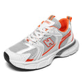 Men's mesh running shoes in black, white and gray, or white orange colours with plastic sole